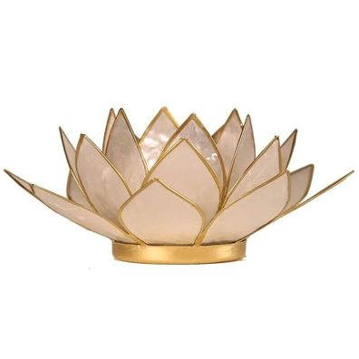 Lotus Teelichthalter, Capiz Muschel, weiß, Goldrand, 13,5 x 5,5 cm