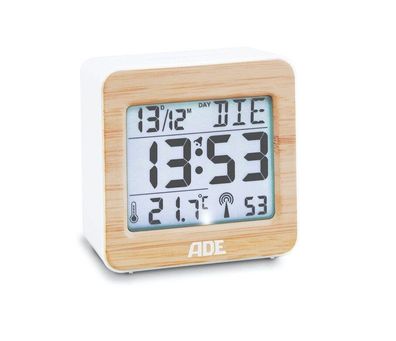 ADE Digitaler Funk-Wecker CK1941 Tischuhr DCF Bambus LCD-Display Thermometer Wecker