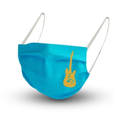 Baumwollmaske in Aquablau mit zertifiziertem Innenvlies - Goldene E-Gitarre - 15938