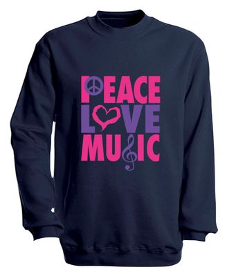 Sweatshirt mit Print - Peace Love Musik - S09017 - versch. farben zur Wahl - Gr. Navy