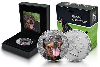 Niue 1 Dollar 1 Oz Silber German Rottweiler (Deutscher Rottweiler) Farbe 2015 im Etui