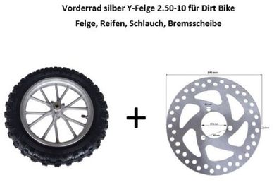 Vorderrad 2.50-10 Felge Reifen Schlauch Dirtbike Dirt Bike Bremsscheibe offen