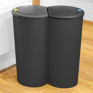 Duo Abfalleimer 50L schwarz - 2 x 25L - Müll Eimer Abfall Sammler Trenner mit Deckel