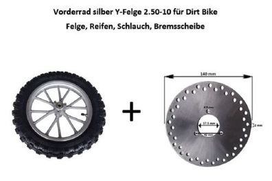 Vorderrad 2.50-10 Y-Felge Reifen Schlauch Dirtbike Bremsscheibe geschlossen