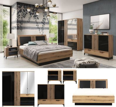 Schlafzimmer komplett ARIA Set B Schrank Bett mit LED eiche schwarz hochglanz