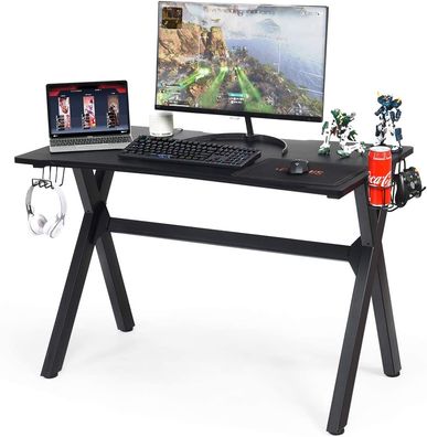 Gaming Tisch, Schreibtisch Computertisch mit Getränkehalter, Kopfhörerhaken & Mauspad