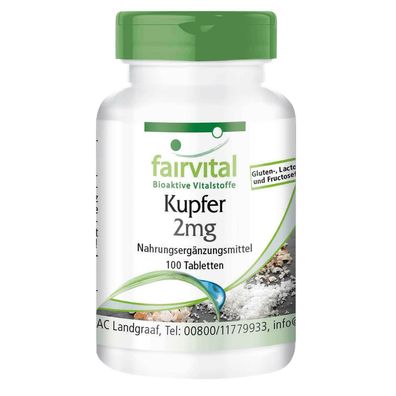 Kupfer 2mg 100 Tabletten Kupferbisglycinat - Energie Nervensystem - fairvital