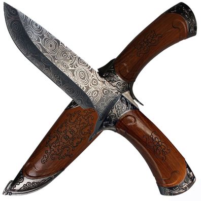 Gürtelmesser Jagdmesser Klinge im Damastdesign mit Steckscheide aus Holzimitat