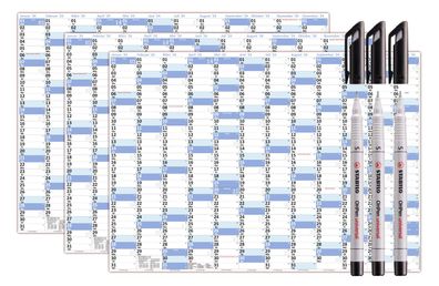 3 Stück Wandkalender DIN A1 2024 nass abwischbar 59,4x84,3cm + 3 Folienstifte