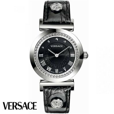 Versace P5Q99D009S009 Vanity Lady silber schwarz Leder Armband Uhr Damen NEU