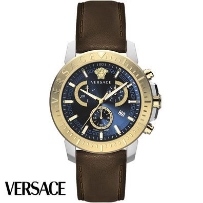 Versace VE2E00221 New Chrono blau silber gold braun Leder Herren Uhr NEU