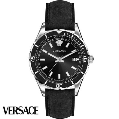 Versace VE3A00120 Hellenyium silber schwarz Leder Armband Uhr Herren NEU