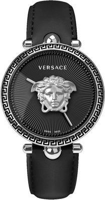 Versace VECO01622 Palazzo Empire silber schwarz Leder Armband Uhr Damen NEU