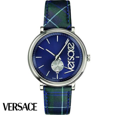 Versace VEBQ00118 V-Circle Clans Edition silber blau grün Leder Herren Uhr NEU