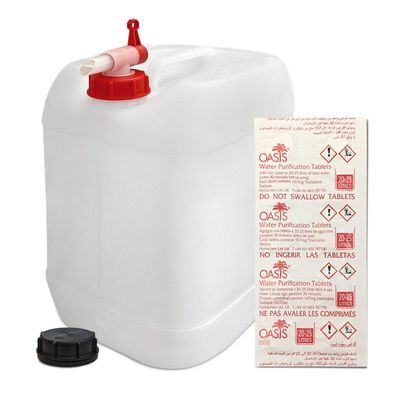 Plasteo 20L Getränke-Wasserkanister + Hahn + 10 Wasserreinigungstabletten