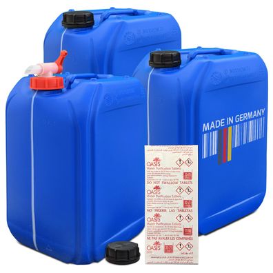 plasteo 3X 25 Liter Wasserkanister Blau mit 1x Auslaufhahn + 10 Wassertabletten