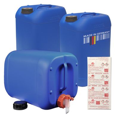 Plasteo 3x25L Getränke- Wasserkanister + Hahn + 1x10 Wasseraufbereitungstabletten