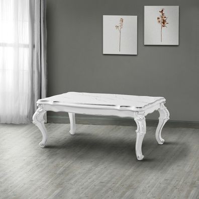 Couchtisch, Wohnzimmertisch, Tisch Silber Dekor Marmor Weiß Hochglanz