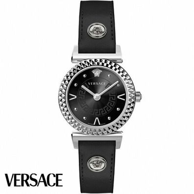 Versace VEAA00118 Mini Vanity silber schwarz Leder Armband Uhr Damen NEU