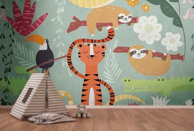 Vlies Fototapete Kinder Zoo Tiere gemalt Tiger Papagei 371cm x 280cm 38303-1