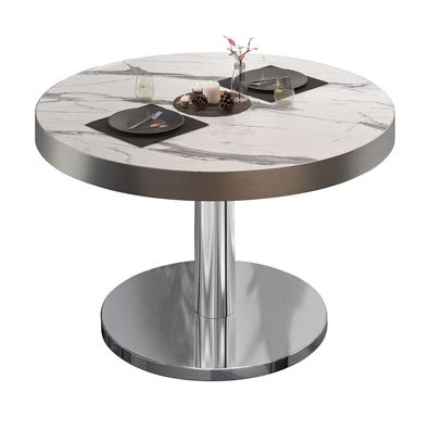 BN | Bistro Loungetisch | Ø: 60 x 36 cm | Edelstahl Rand | Weiß Marmor / Edelstahl