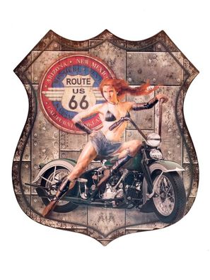 Blechschild Wandschild Route 66 Magnettafel Bikerin Amerika USA 80cm Nostalgie