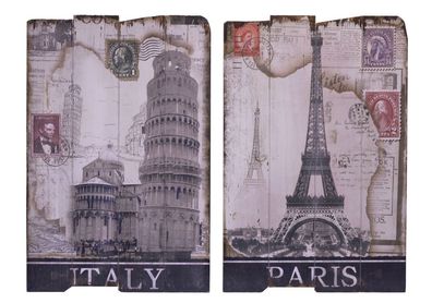 2x Bild 60x40cm Holzbild Holztafel Pisa Italien Paris Frankreich antik Stil