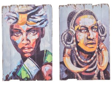 2x Bild Wandtafel Holzbild Wandbild Massai Person Afrika Holz Antik-Stil 90cm