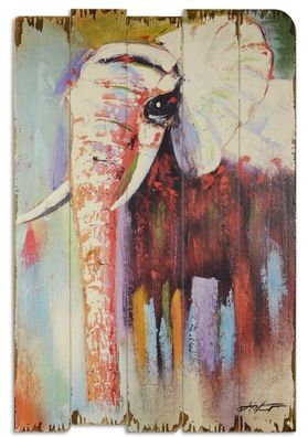 Bild Wandtafel Holzbild Wandbild Elefant Tier Stoßzahn Rüssel Holz Antik-Stil
