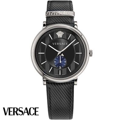 Versace VEBQ00918 V-Circle silber schwarz Leder Armband Uhr Herren NEU