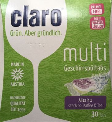 Claro Öko Multi Geschirrspültabs - Alles in 1 , stark bei Kaffee&Tee - 30 Stück