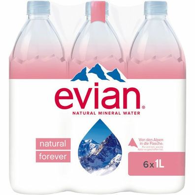 Evian Premium PET Natural Mineral Water 6x1.00l Flaschen , Einweg-Pfand