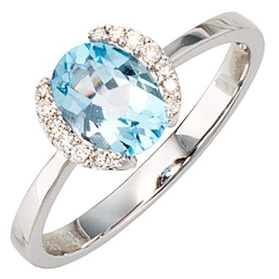 Damen Ring 585 Gold Weißgold 1 Blautopas hellblau blau 14 Diamanten Brillanten.