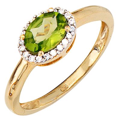 Damen Ring 585 Gold Gelbgold bicolor 1 Peridot grün 20 Diamanten Goldring