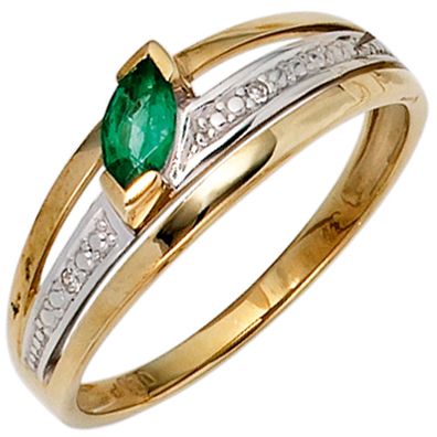 Damen Ring 585 Gold Gelbgold bicolor 1 Smaragd grün2 Diamanten 0,01ct. Goldring.