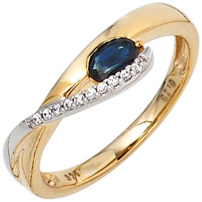 Damen Ring 333 Gold Gelbgold Weißgold 1 Saphir blau 10 Zirkonia Goldring