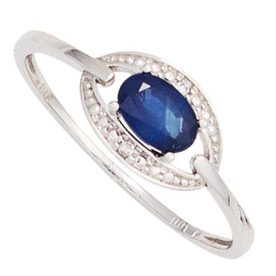 Damen Ring 585 Gold Weißgold 1 Safir blau 2 Diamanten Brillanten Goldring.