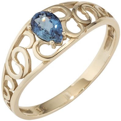 Damen Ring 585 Gold Gelbgold 1 Saphir blau Goldring Saphirring 14 Karat.