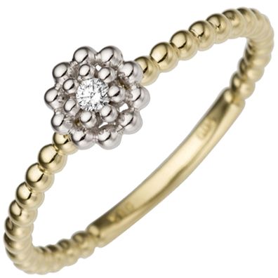 Damen Ring Blume 585 Gold Gelbgold Weißgold bicolor 1 Diamant Brillant Goldring.