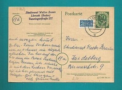 Ganzsache Deutschland Postkarte 10 Pfg Posthorn plus 2 Pf. Notopfer Berlin 5. 8.52