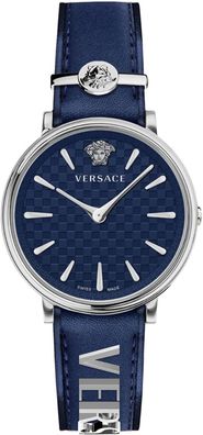Versace VE8104222 V-Circle Lady silber blau Leder Armband Uhr Damen NEU