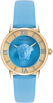 Versace VE2R00622 La Medusa gold hell blau Leder Armband Uhr Damen NEU