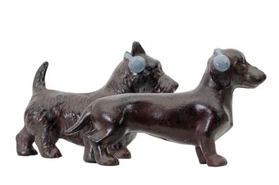 2x Eisenfigur Dachshund Terrier Hund Kopfhörer Figur Skulptur Eisen Antik-Stil