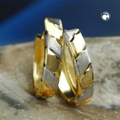 1 Paar Creolen Ohrringe 12x3mm Klappscharnier bicolor diamantiert 9Kt GOLD