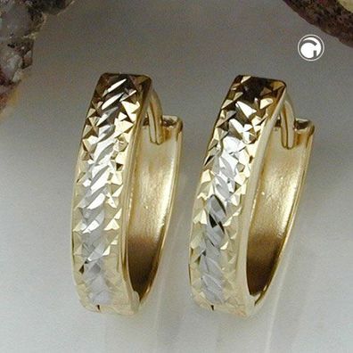 1 Paar Creolen Ohrringe 12x11x3mm Klappscharnier oval bicolor diamantiert 9Kt GOLD