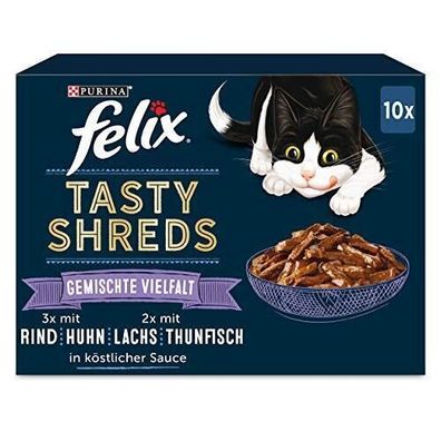 FELIX Tasty Shreds Katzenfutter Nass Geschmacksvielfalt Sorten-Mix 6 x 10 x 80g