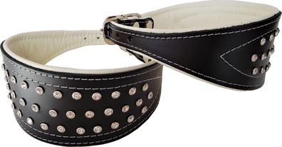 Windhund Halsband, Halsumfang 33 - 41cm/60mm, Leder + Kristallen Schwarz-weiß