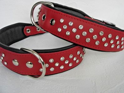 Halsband - Halsumfang 33-41cm/40mm, LEDER + Kristallen, * Rot-Schwarz*