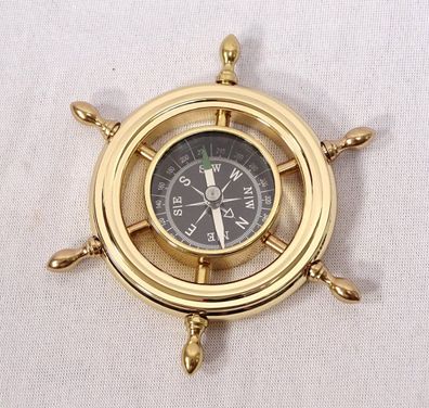 Maritimer Kompass, Tischkompass im Messing Steuerrad in edler Holzbox 9 cm