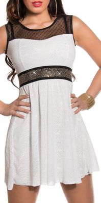 SeXy Miss Mini Kleid Netz Spitze Dress Glamour Steine 34/36/38 weiß schwarz Neu